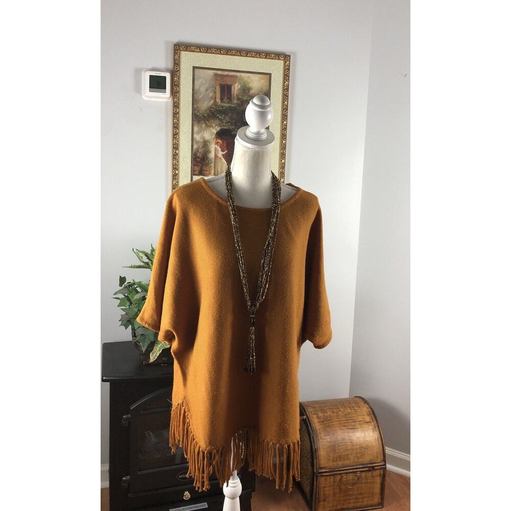 NY Collection Women Picturesque Fringe Large Rust Poncho Sweater